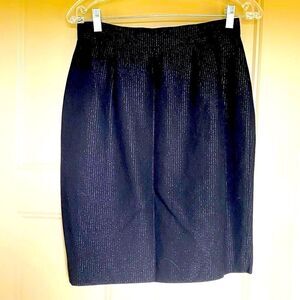 Ann Taylor black silver metallic thread pencil skirt, hidden zipper, kick pleat.